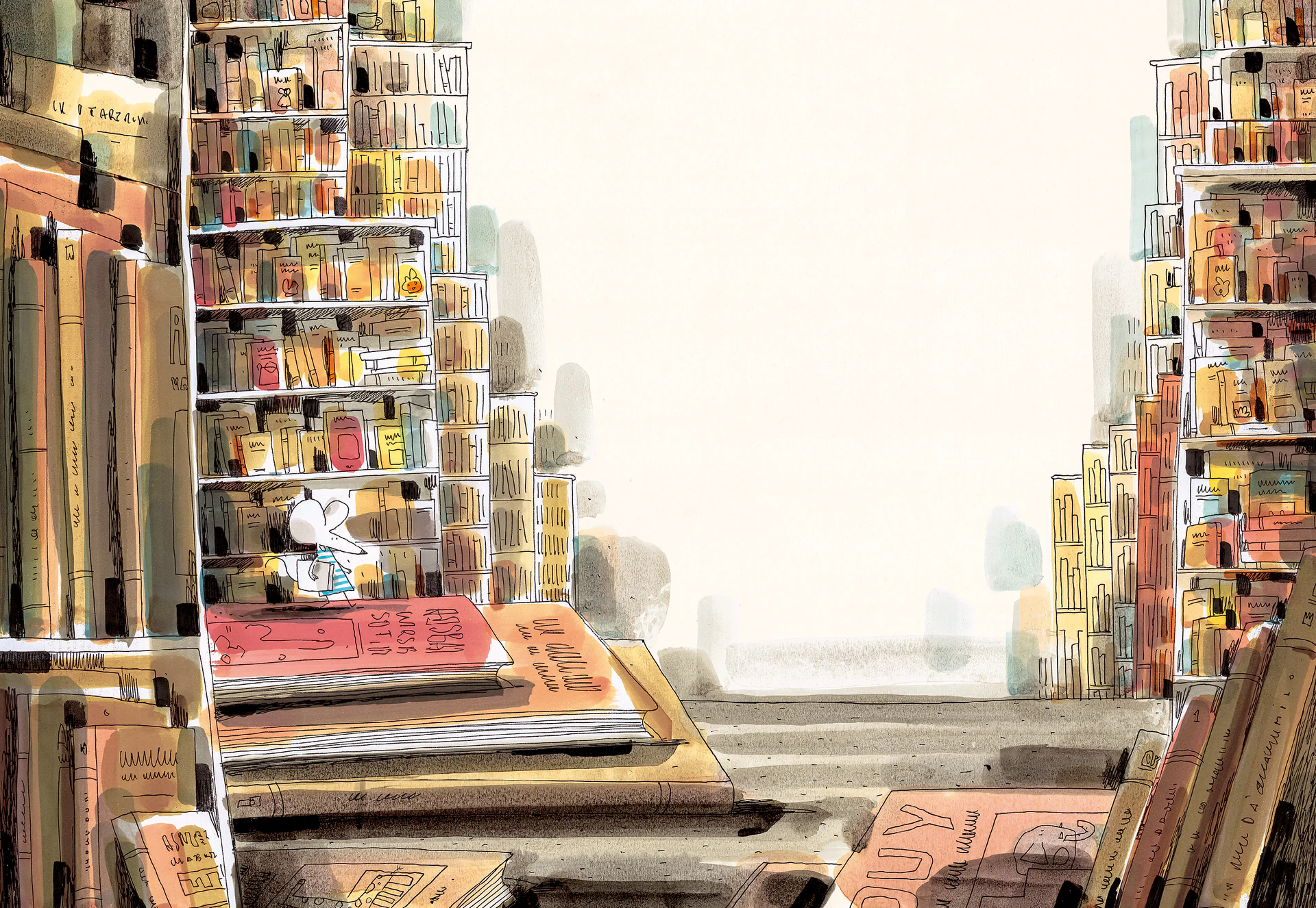 Library illustration with a small mouse between bookshelves